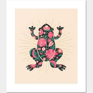 Vintage floral frog silhouette - pink and black Posters and Art